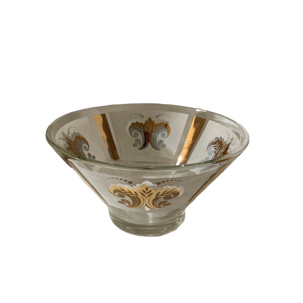 Vtg MCM Gilt Gold Fleur De Lis Wheat Medallion Salad Chip Bowl Libbey Clear Gold